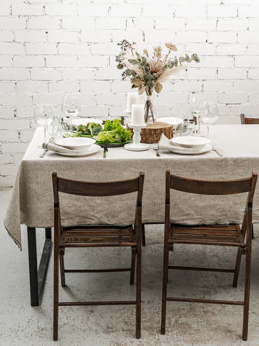 Natural Linen Tablecloth With Green Edging