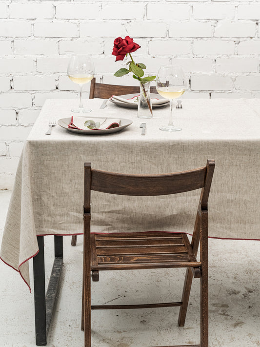 Natural Linen Tablecloth With Burgundy Edging