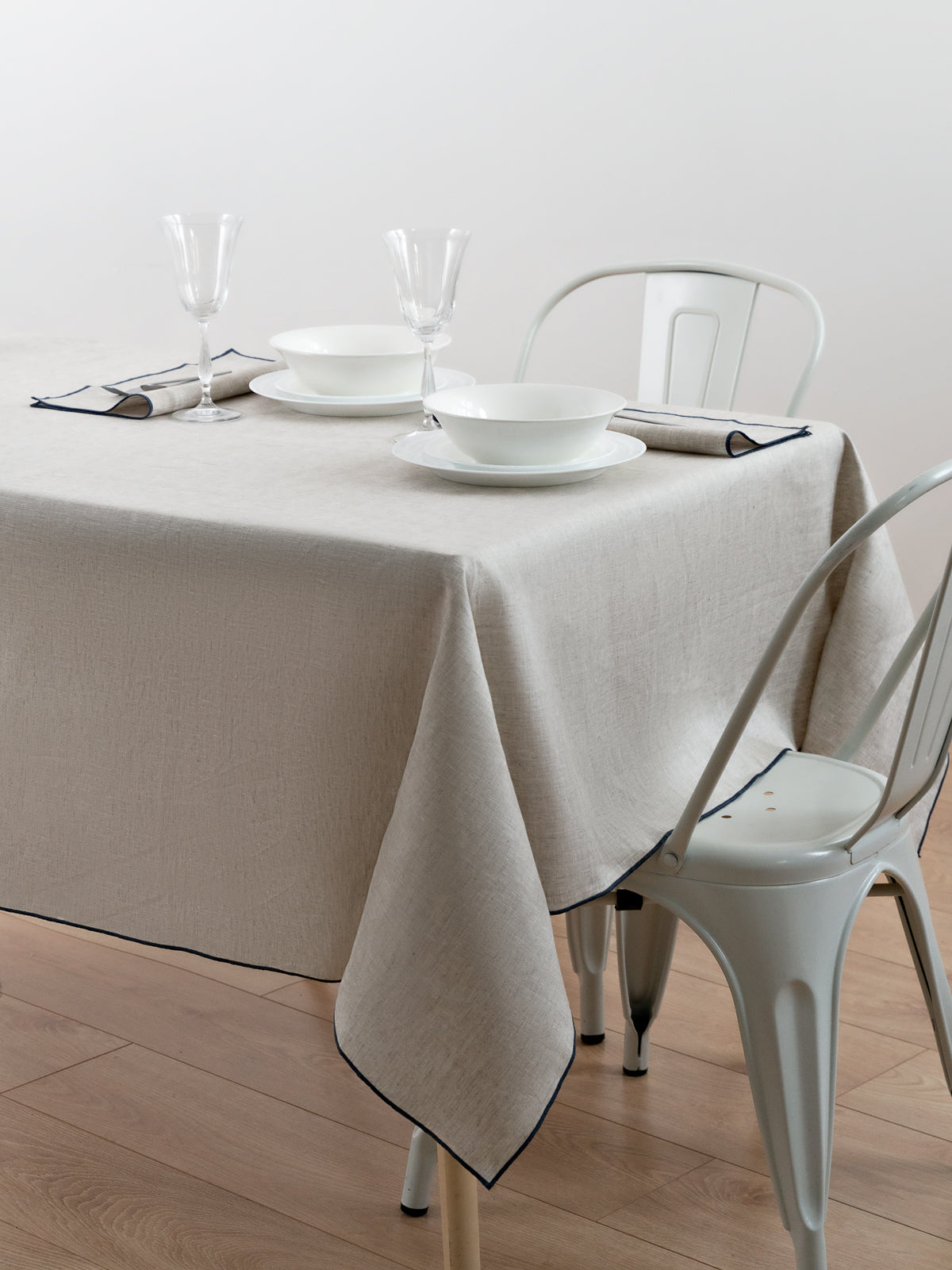 Natural Linen Tablecloth With Blue Edging